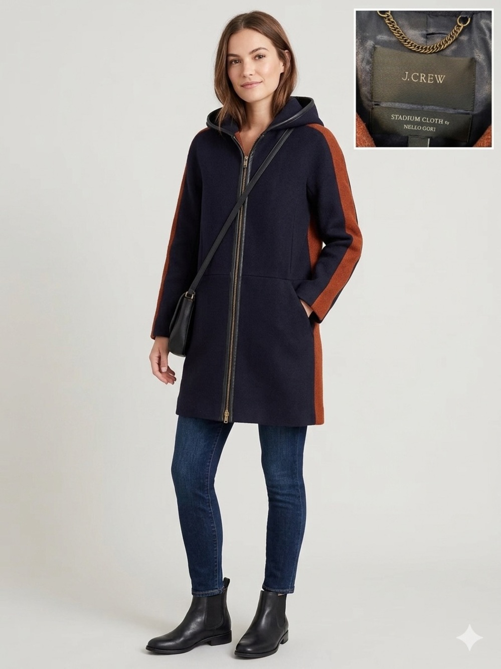 J.Crew Stadium Cloth Nello Gori Hooded Wool Coat | 00P | Navy + Rust